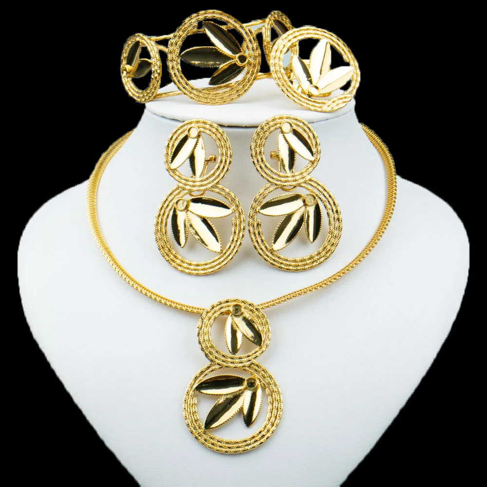 

Gold Color Jewelry Set for Women Pendant Necklace and Earrings Dubai African Weddings Bangle Ring Jewelry Set Nigerian Accessory
