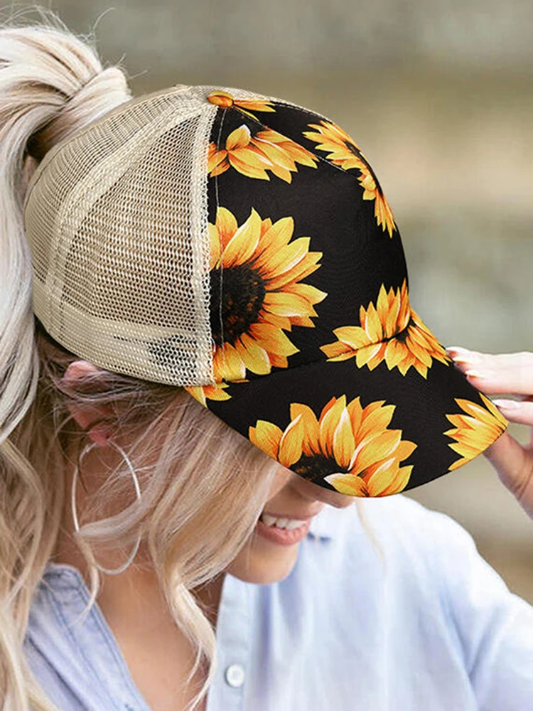 

Sunflower Mesh Splicing Criss Cross Hat Women Hollow Out Baseball Cap Distressed Ponytail Messy Bun Trucker Ponycap Hat