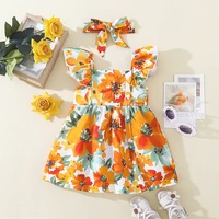 2pcs baby girl 100 polyester floral print sleeveless ruffle flutter sleeve button up dress with headband set