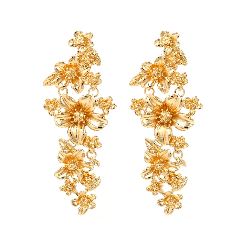 

Wedding Jewelry Bridesmaid Accessories Gold Plated Metal Long Heavy Hawaiian Floral Blossom Flower Statement Earrings for Women