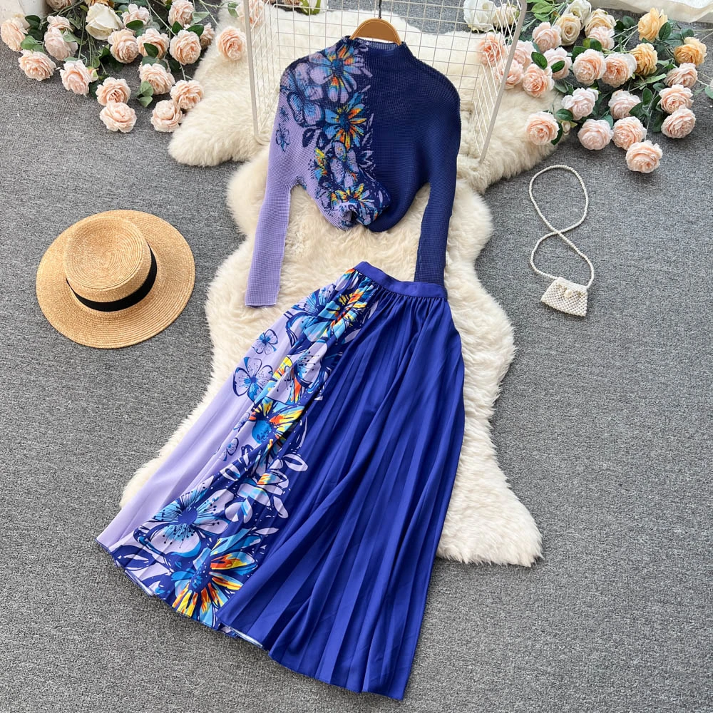 

Clothland Women Elegant Print Blouse Skirt Suit Long Sleeve Shirt Elastic Waist Pleated Skirts Chic Two Piece Set TZ698