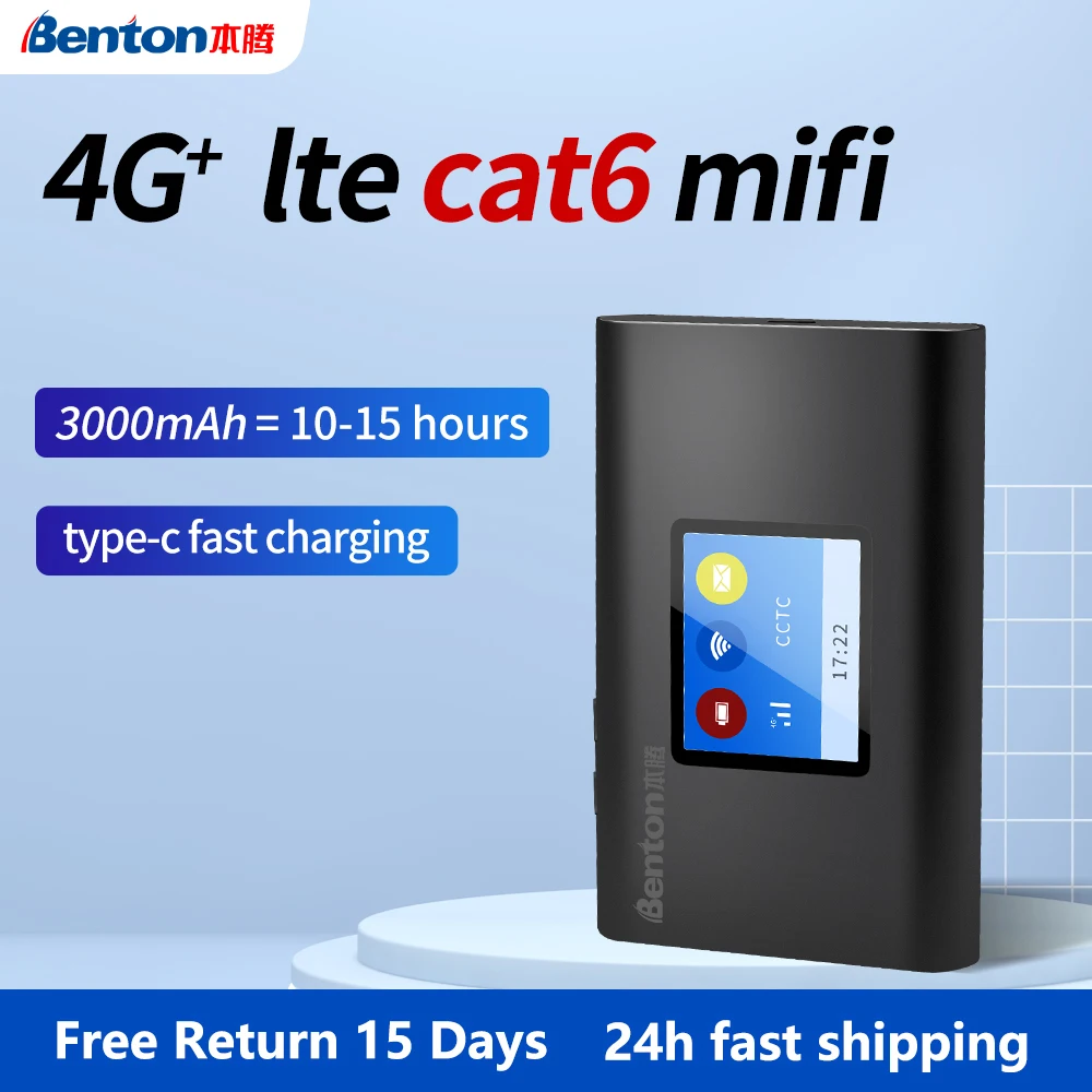 Benton Unlocked Mifi Cat 6 4G+ Lte Router Wireless 300Mbps Portable Wifi Pocket Hotspot Type C Charge 3000mAh