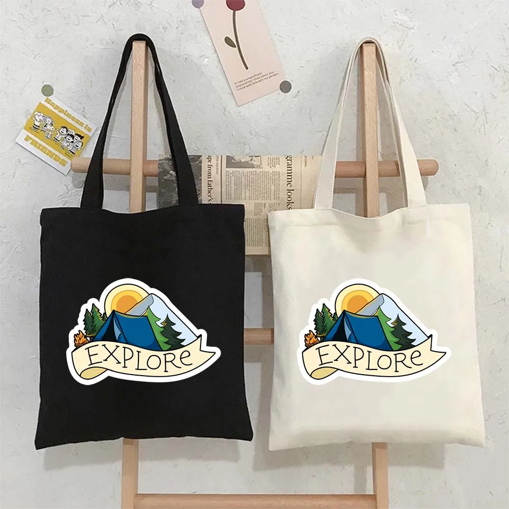 

Tote Bags for Women Explore Mountain Funny Cute Cartoon Printed Large Canvas Shoulder Reusable Shoppers Handbags