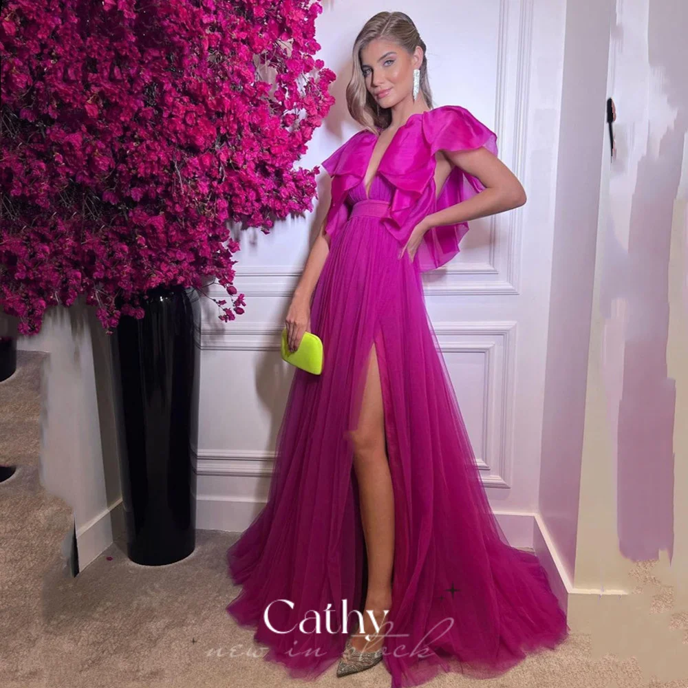 

Cathy Trumpet Sleeve Prom Dresses Rose Pink A-line Party Dresses Sexy Tulle Prom Evening Dresses Sweep Train Vestidos De Fiesta