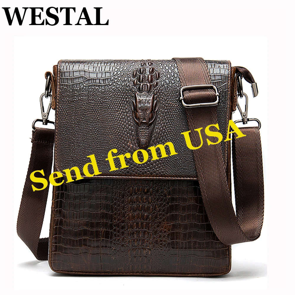 WESTAL Men's Genuine Leather Bag for Men Cocrodile Pattern Messenger Bags Men Shoulder Bags Leather Man Crossbody Handbags 8857