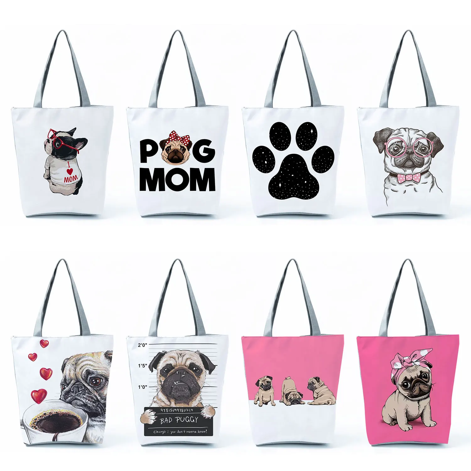 Women'S Bag 2022 Trend Star Dog Paw Funny Tote Fashion Cartoon Pug Print Handbags Cute Animal Portable Eco Shoulder Shopper Bags