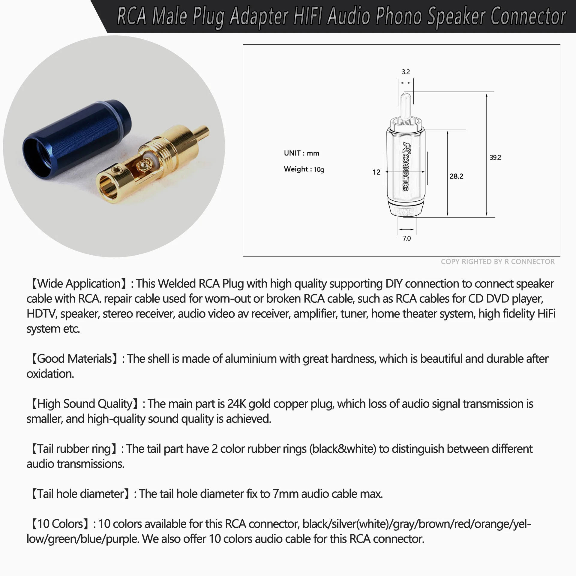 Адаптер RCA для аудиофонического динамика 24-каратная золотая медная вилка разъем