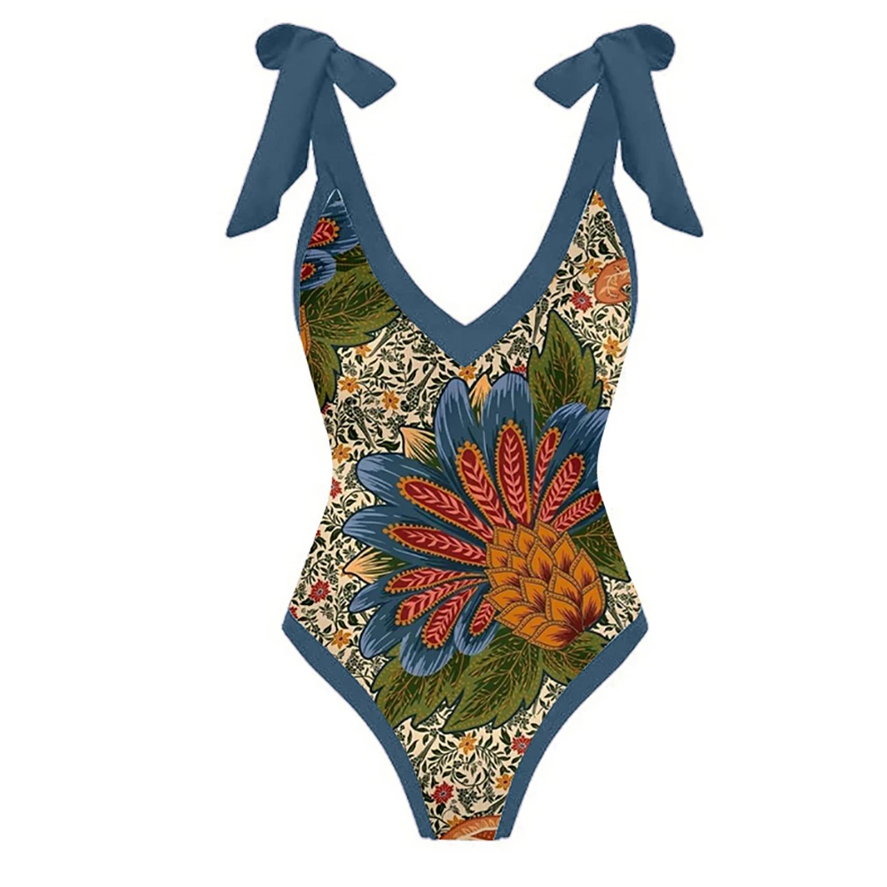 Printed Lace Up Chic One Piece Swimwear High Waist Backless Swimsuit Women Color Elegant Beachwear Push Up Luxury Cover Up