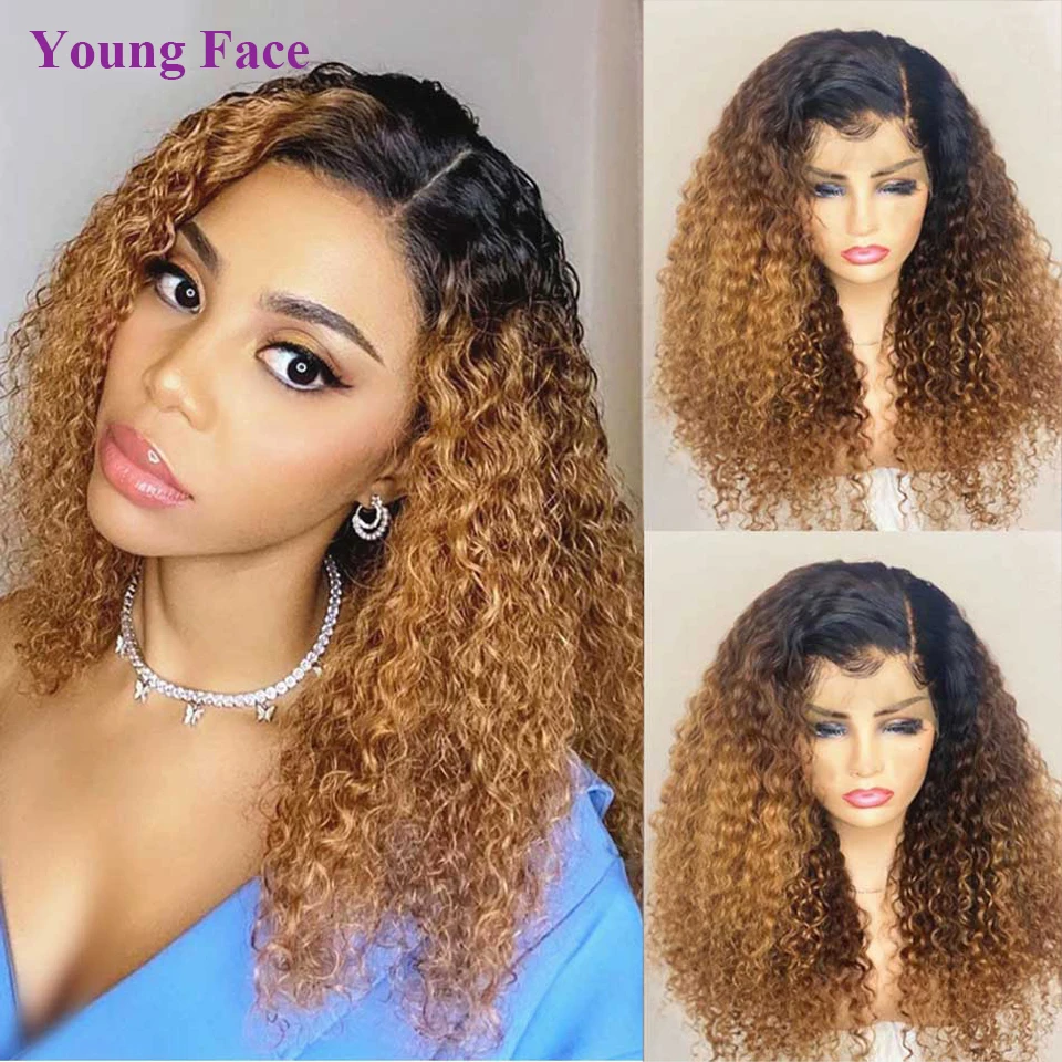 

1B/27 Ombre Kinky Curly Lace Frontal Wigs Human Hair Brazilian Remy Curly 13x4 HD Lace Front Wig For Black Women 180% Density