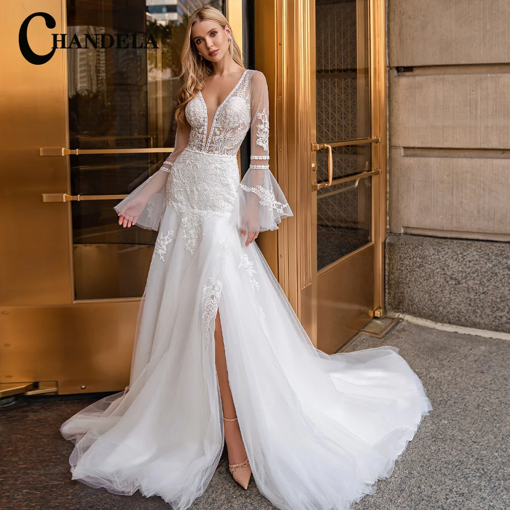 

CHANDELA Princess Boho Wedding Dresses Long Sleeves Mermaid Appliques Scoop Bridal Gown Vestidos De Novia Personalised For Women