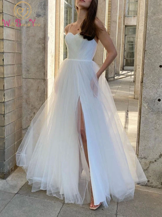 

Ivory Tulle Long Prom Dresses Simple 2022 Sweetheart Pleats Spaghetti Strap A Line Front Split Floor Length Evening Gown Party