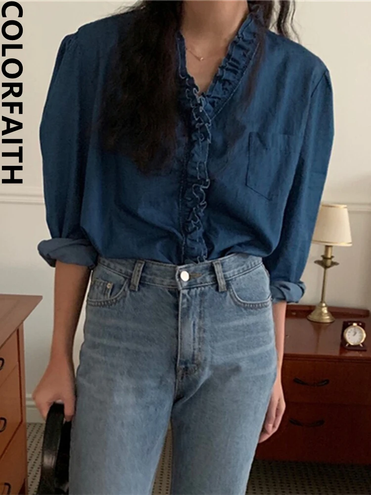 

Colorfaith New 2022 Vintage Elegant Office Lady Puff Sleeve Korean Fashion Women Autumn Winter Blouses Denim Shirts Tops BL1055