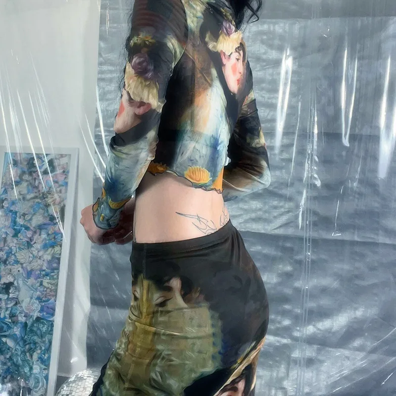 Женский комплект из футболки с длинным рукавом и юбки высокой талией