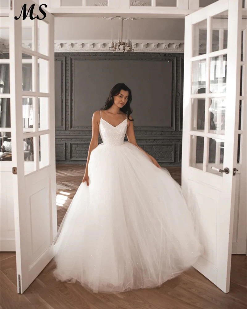 

MS White Tule Wedding Dresses Spaghetti Strap Sweetheart Sleeveless Robe De Mariee Elegant Bride Gown Plus Size Vestido De Novia