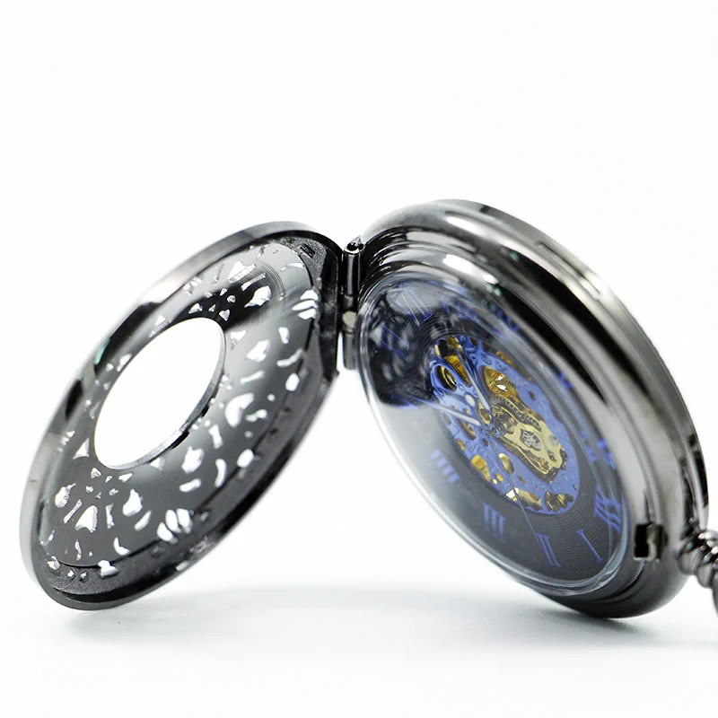 Antique Mechanical Pocket Watch Hollow Black Dial Hand-Winding Men Pendant Collection Fob Chain Watch Skeleton Steampunk Clock