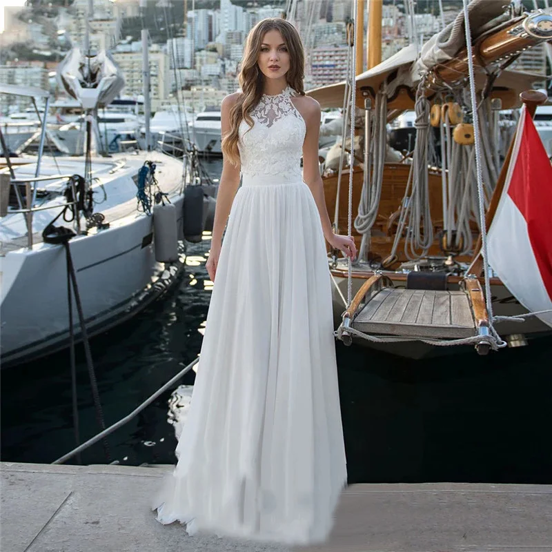 

A-Line Chiffon O-Neck HY321 Floor Length Wedding Dress For Women Sleeveless Elegant Charming Bridal Gowns Appliques De Novia