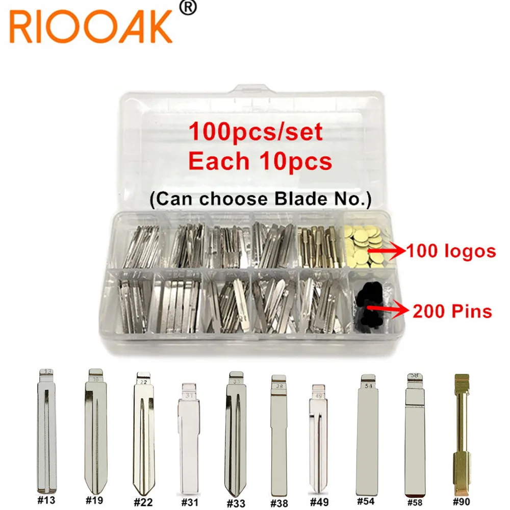 

100pcs Uncut KD Xhorse JMD VVDI Remote Car Key Blade Set With 100pcs Logos and 200pcs 1.6mm Pins for KD900/KD-X2/KD MINI Remotes