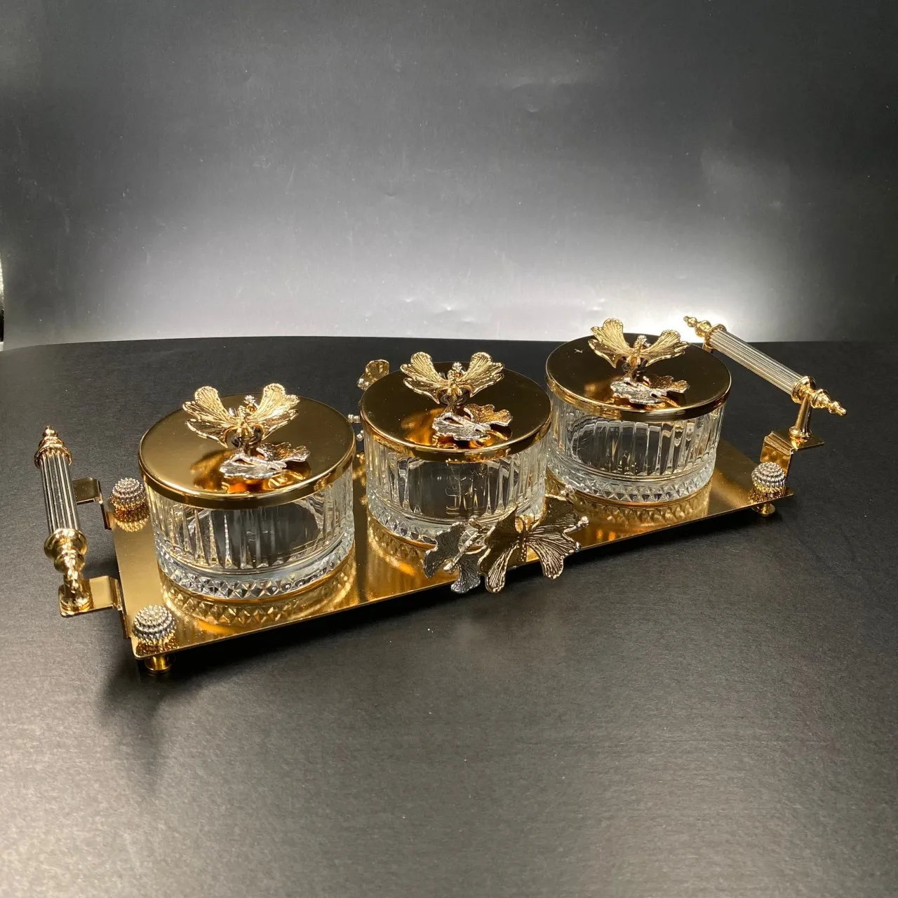

Original Glass Bowl Set including 3 PCS with on Metal Serving Tray Handled