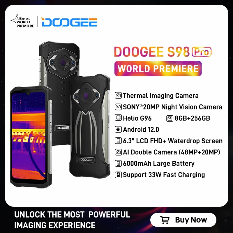 [Мировая премьера в наличии] DOOGEE S98 Pro InfiRay® Тепловизионная камера Смартфон 20MP Ночное видение Прочный телефон Helio G96 8 ГБ 256 ГБ 6000 мАч Аккумулятор Телефон 33 Вт Быстрая зарядка