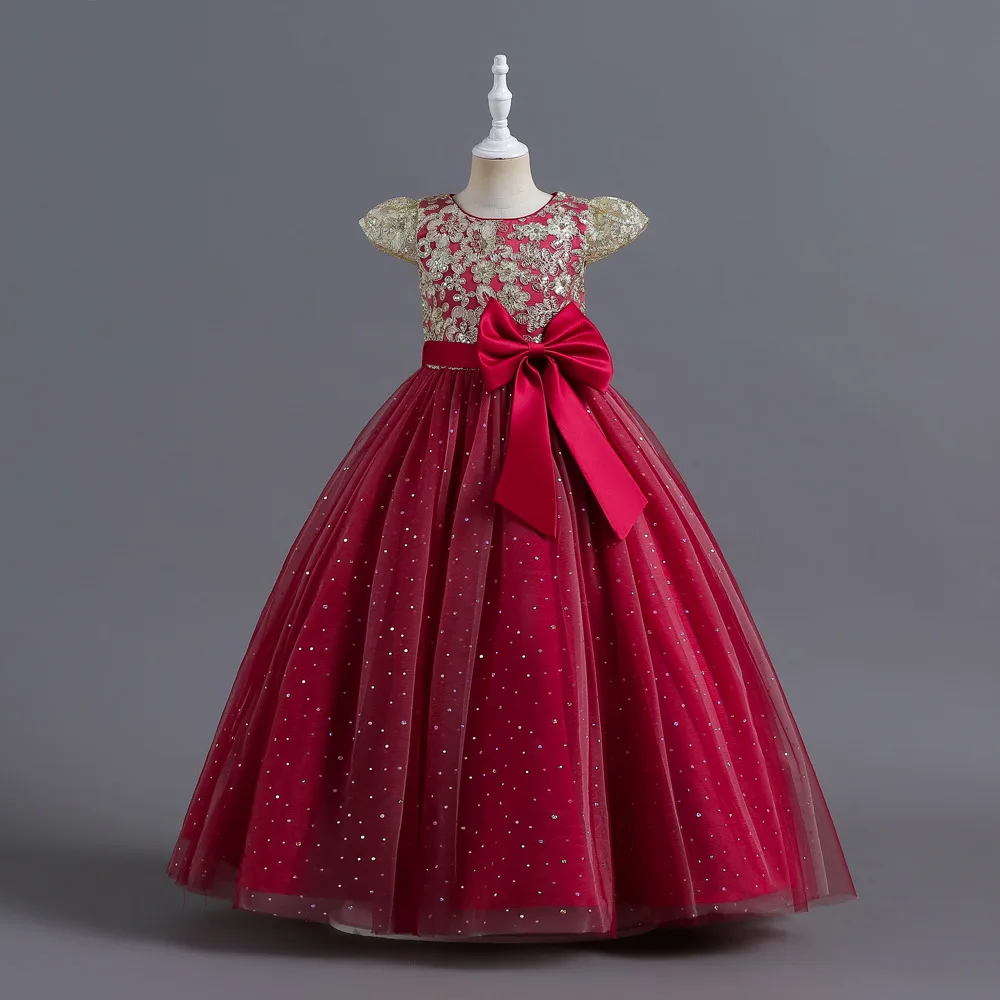 

2023 Embroidery Pageant Kids Party Dress For Girls Wedding Costume Vintage Flower Bow Princess Dresses Evening Short Sleeve Gown