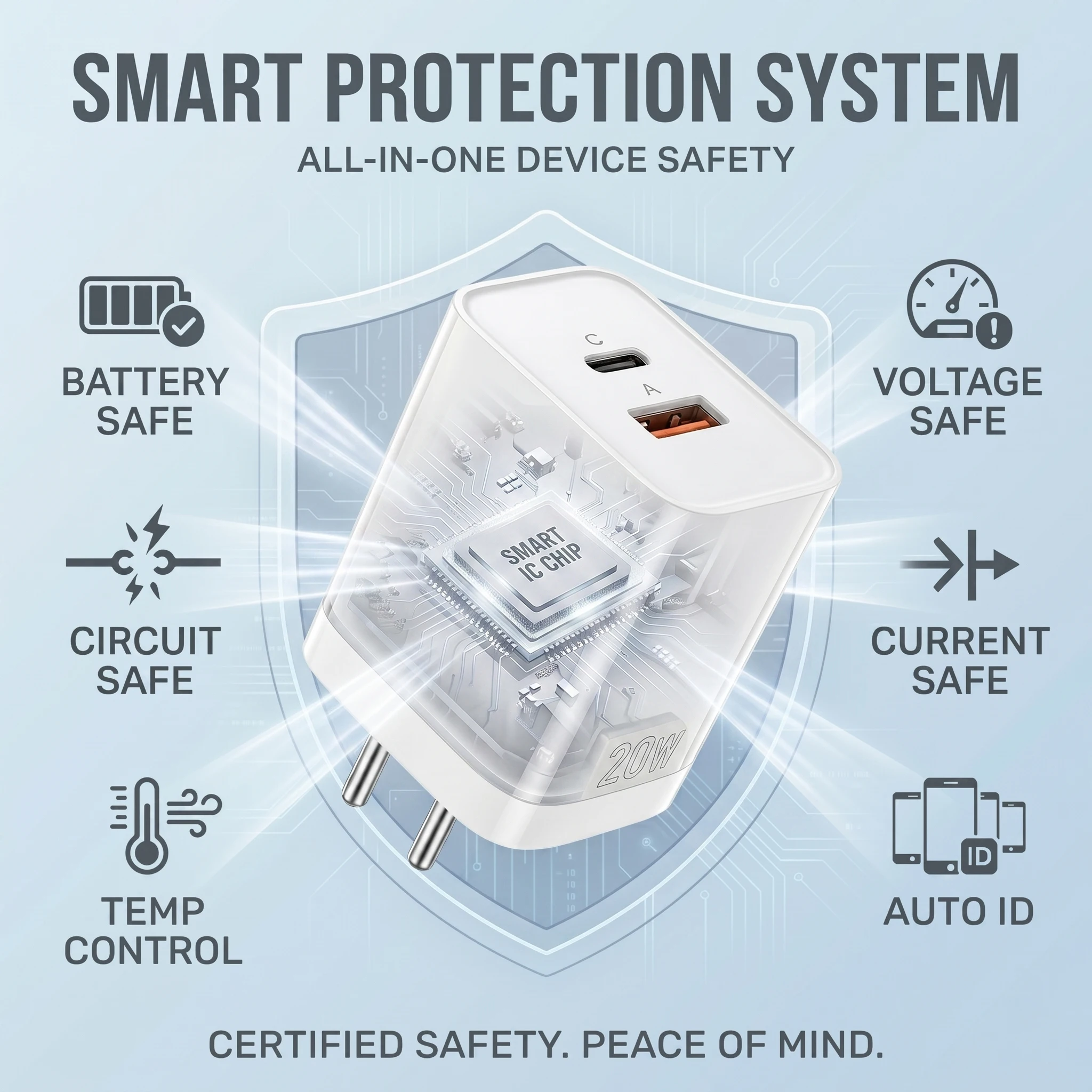 Фото Зарядный комплект для iPhone: 20W двухпортовое зарядное устройство USB A Type C PD QC, блок питания EU с кабелем для iPhone 17, 16, 15, 14, 13, 12, 11 Pro №3