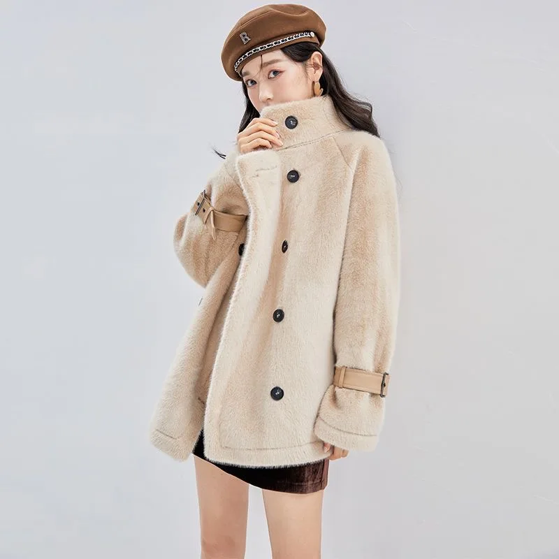 Autumn Winter Women Warm Faux Fur Coats Loose Pockets Office Lady Fashion Long Sleeve Thick Jacket Outerwear Casual Female