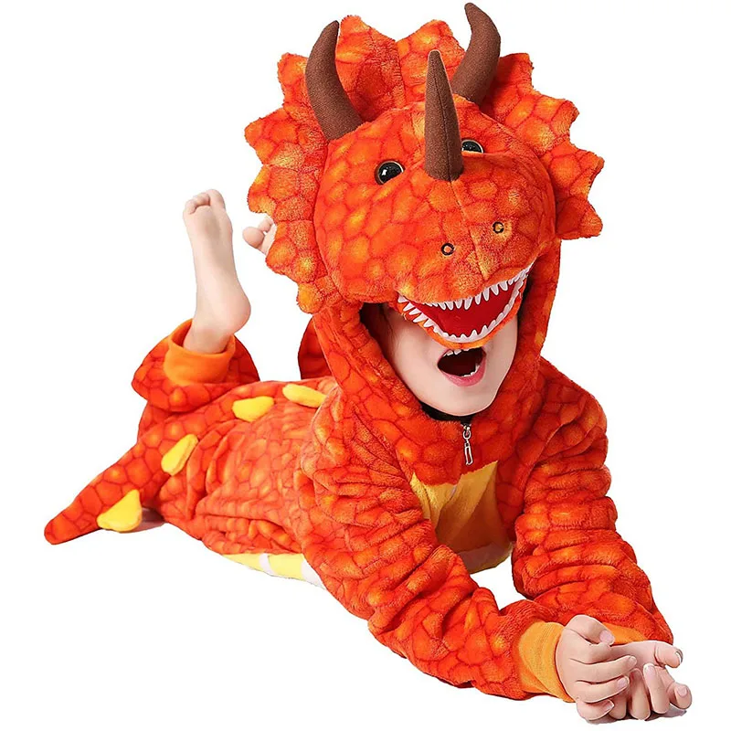 Family Kigurumi Pajamas Orange Triceratops Animal Onesie Cosplay Costume Pajamas For Kids and Adults With Slippers