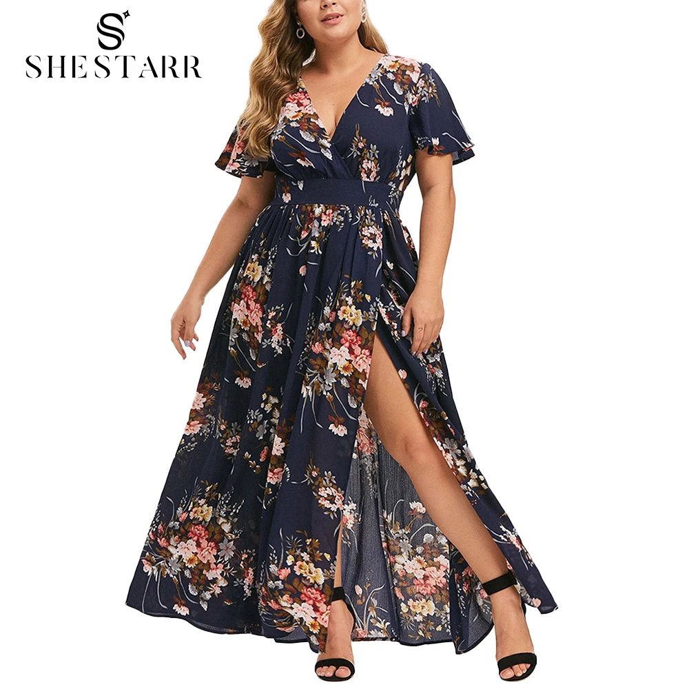 

SHESTARR Summer Female Dress Floral V Neck Fashion Chiffon Curvy Short Sleeve Side Slit Swing Ladies Plus Size Women's Dress