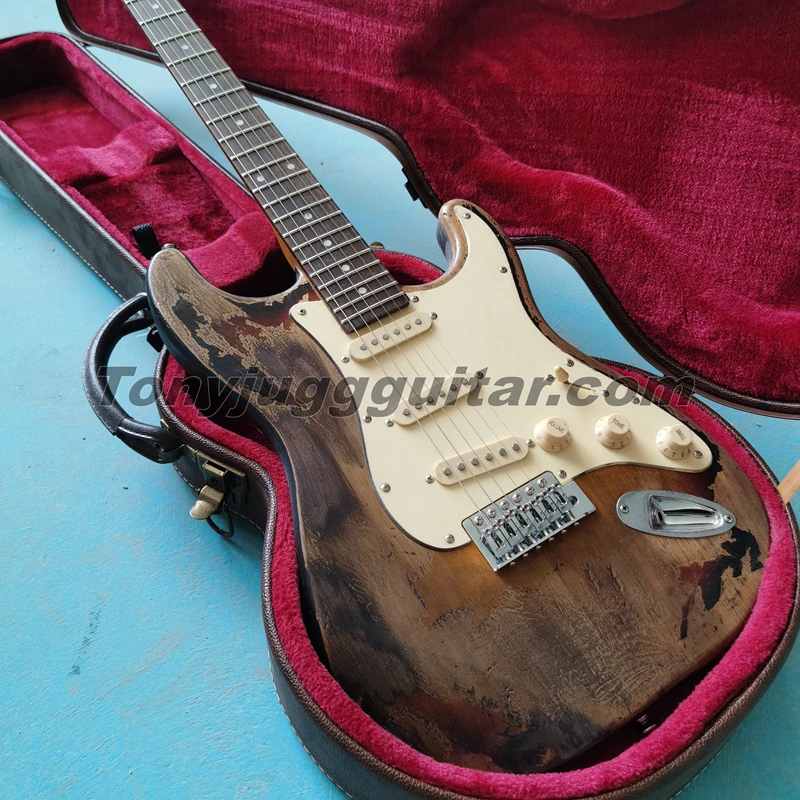 

Rare 1961 Rory Gallagher Tribute ST Strat Heavy Relic 3 Tone Sunburst Electric Guitar Alder Body Aged Pickguard Tremolo bridge