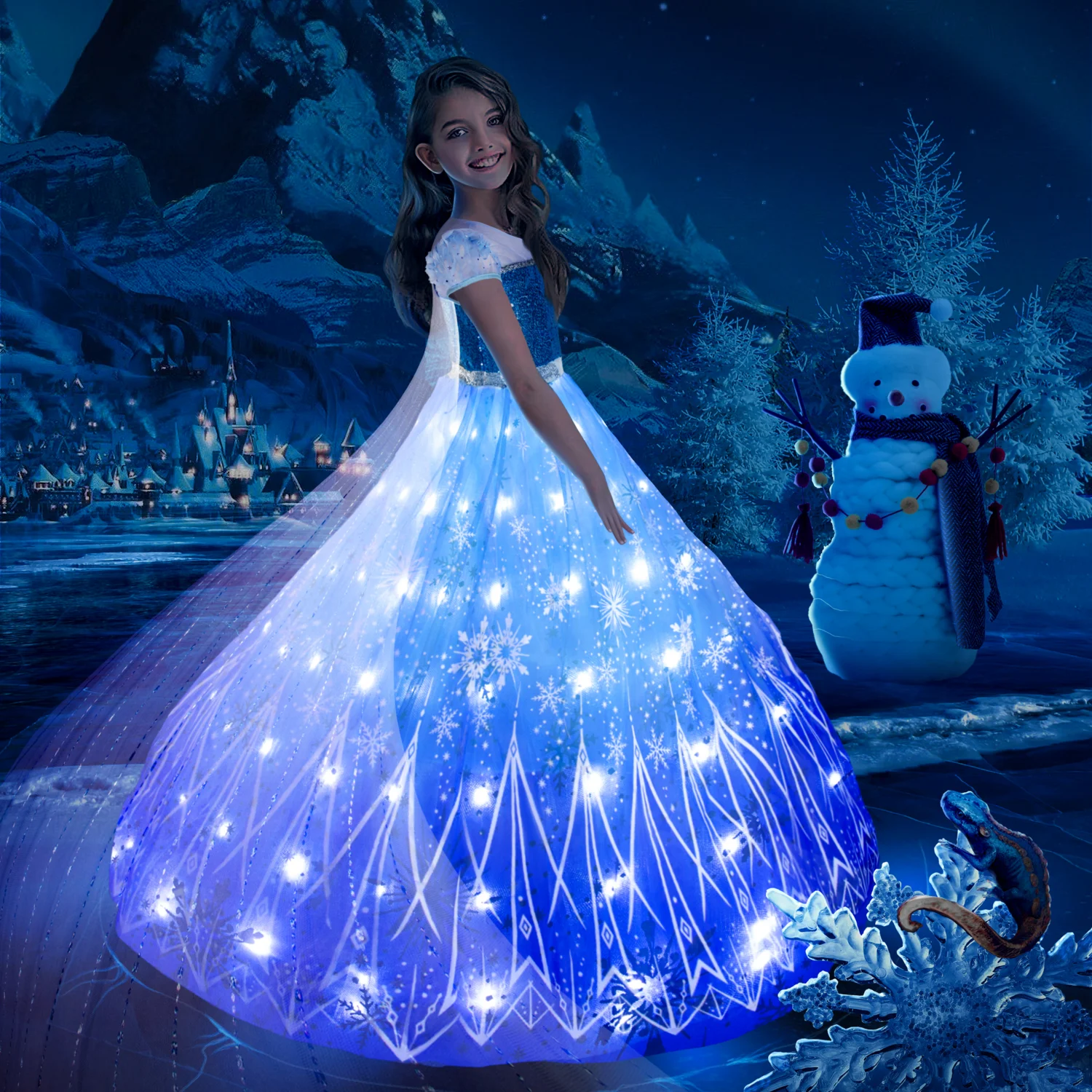 Uporpor Frozen Princess Elsa LED Light Up Dress for Girls Kids Cosplay Party Clothes Snow Queen Carnival Christmas Prom Gown