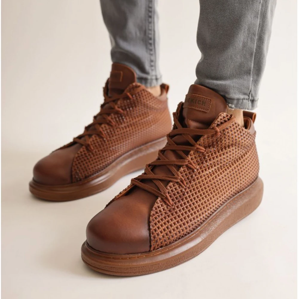 Men's Shoes Brown Color Artificial Leather 2023 Winter Autumn Seasons Lace Up Sneakers Ladies & Gentlemens Ankle Fashion Solid Wedding Basic Boots Flexible Footwear Office Wedding New Travel 111