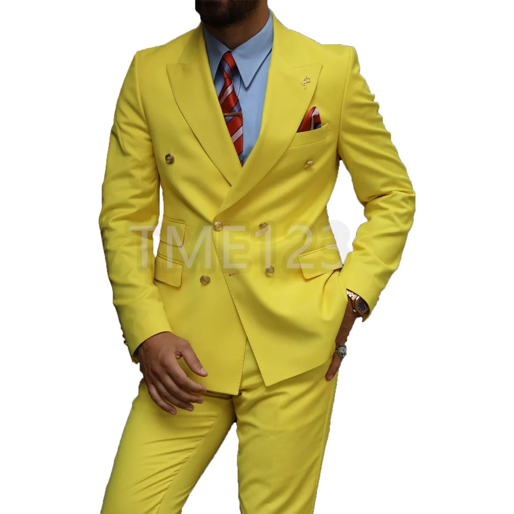 Yellow Men Suits Double Breasted 2022 Latest Design Groom Wedding Tuxedos Best Costume Homme 2 Pieces(Blazer+Pant)