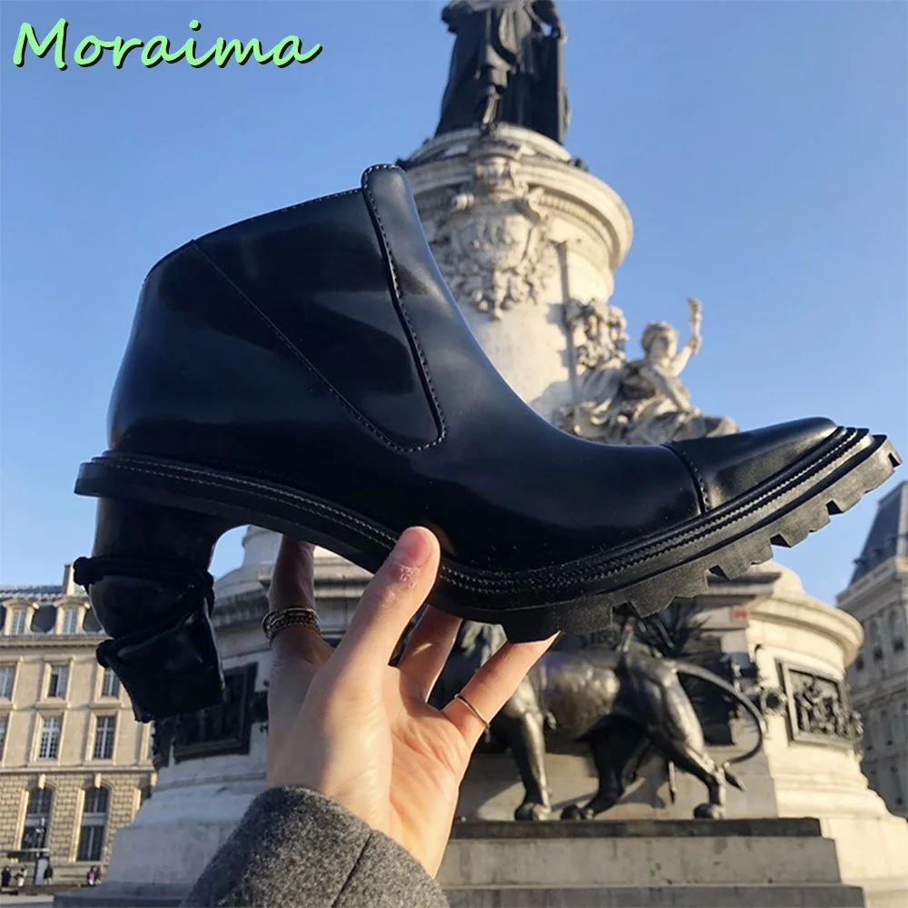 Pointed Toe Strange Heel Ankle Boots Side Zipper Black Solid Leather British Style Motorcycle Boots Women Shoes Fashion Casual