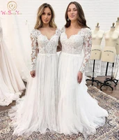 a line lace appliques wedding dresses 2022 deep v neck full sleeves sweep train illusion backless novelty bride gowns women