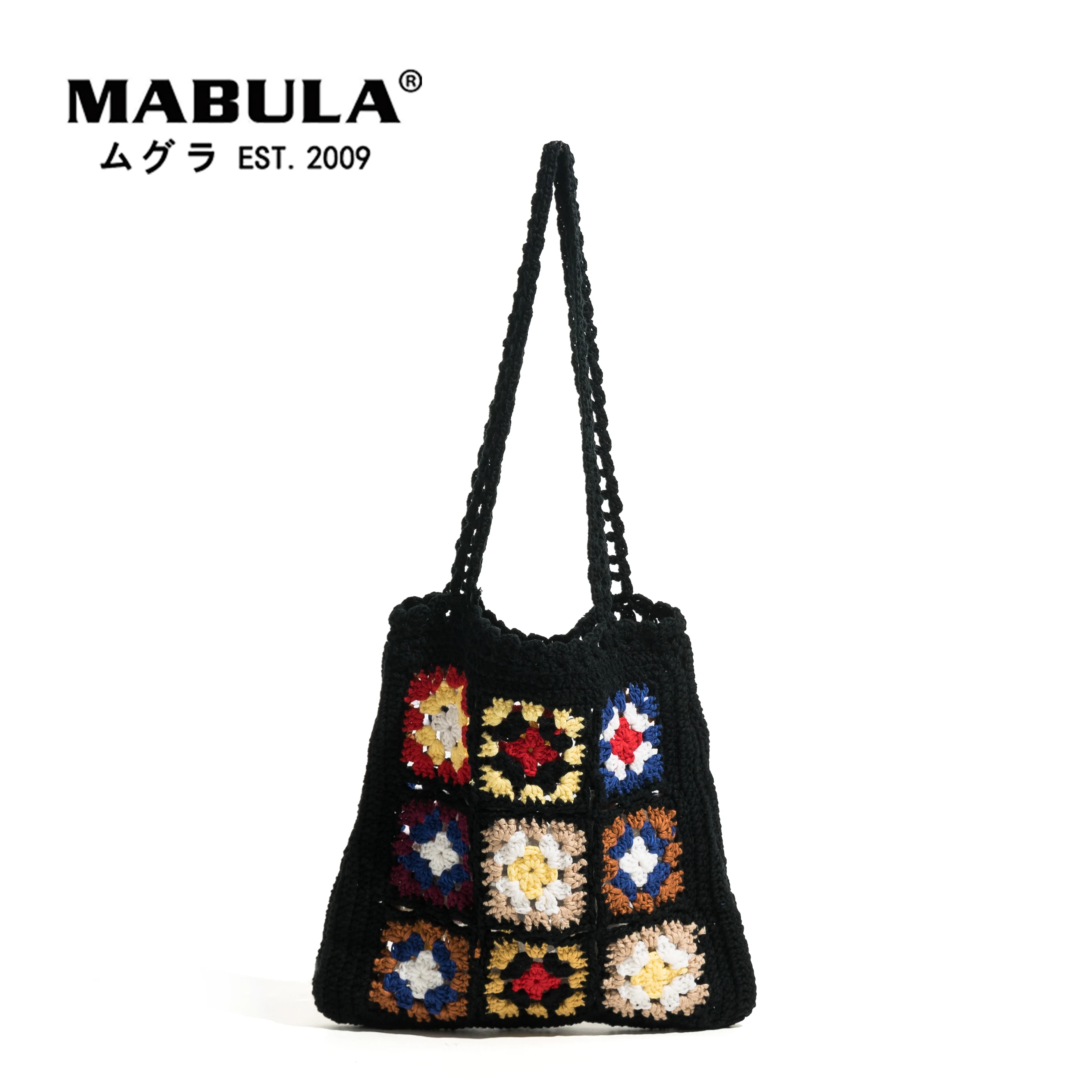 

MABULA Crochet Market Fish Bag In Black Handwoven Totes For Women Vintage Luxury Design Knitting Shoulder Bags Flower Handbag