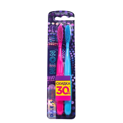 9 шт. Зубная щетка D.I.E.S. Neon 1+1 средней жесткости, 2 шт.