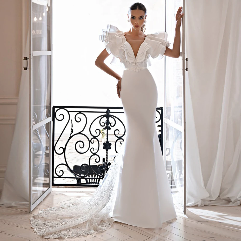 

Fashion Jersey Mermaid Wedding Dresses Lace V Neck Detachable Ruched Beading Backless Long Train Bride Gowns Vestido De Noiva