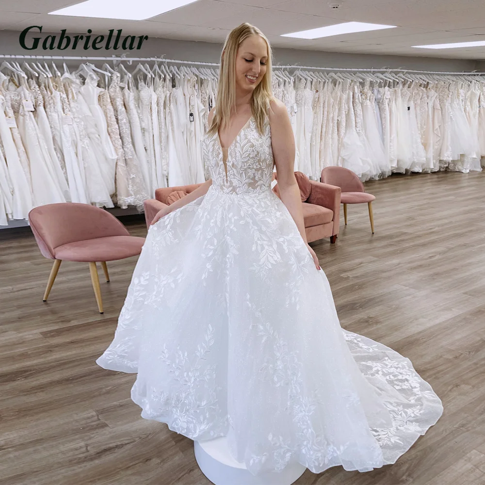 

Gabriellar Luxury Sleeveless Glitter Tulle Wedding Bridal Gowns V-neck Backless Appliques A-line Robe De Mariée Made To Order