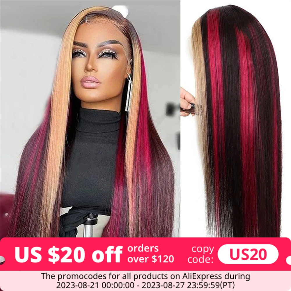 Straight 13x4 Lace Front Human Hair Wig Black With Red & Blonde Highlights Perruques Cheveux Humains Skunk-Stripe Brazilian Wig