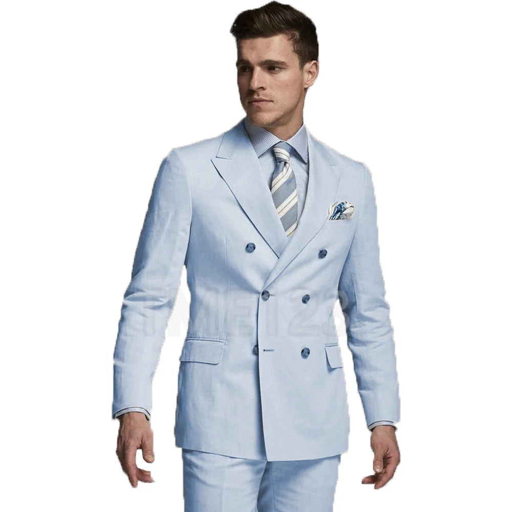 2022 Costume Homme Men Suits Prom Business Blazer Pant Suit Sky Blue Slim Fit Latest Men Suit Summer 2 Pieces(Jacket+Pant)