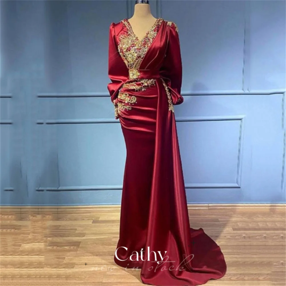 

Cathy Prom Queen Silk Satin Prom Dreses Claret Puffy Sleeve Prom Dress V-neck Mermaid Evening Dress Lace Embroidery Party Dress