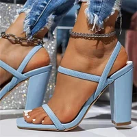 2022 wholesale summer new solid color sexy thick high heels womens square toe solid color pu sandals