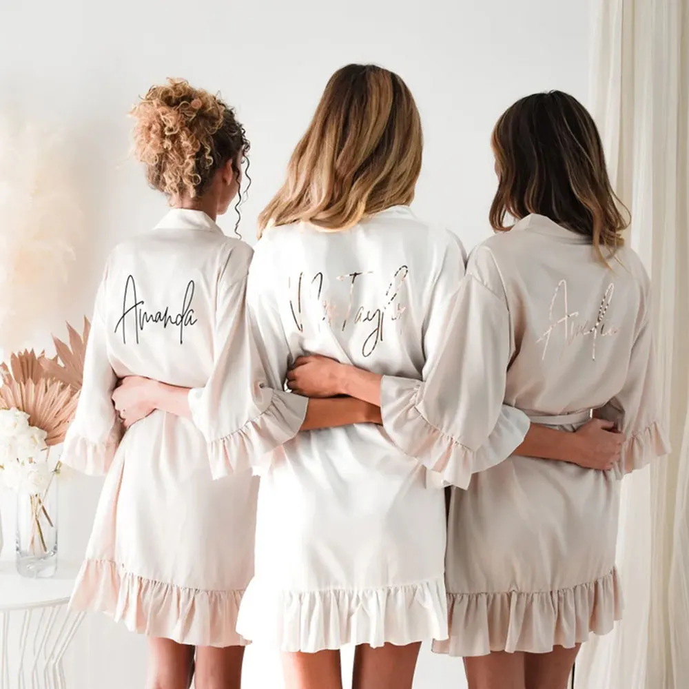 Personalized Bridesmaid Robes with a Ruffled Bridal Shower Dressing Gown Unique Wedding Day Robe For Bride Custom Ruffle Kimonos