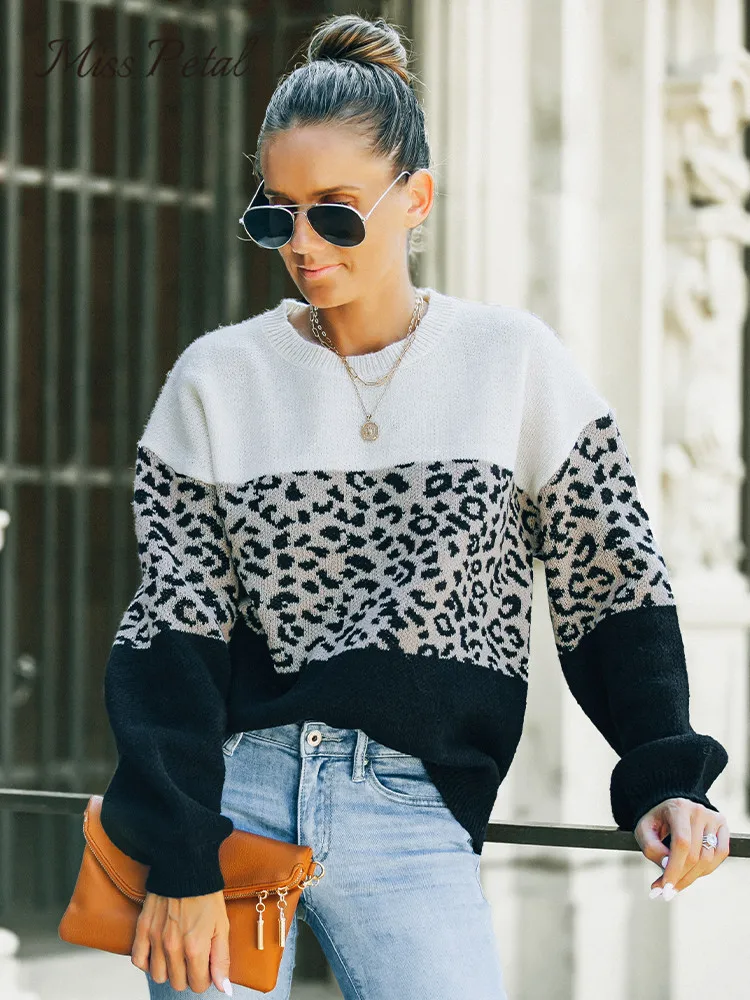 

Женский леопардовый свитер MISS PETAL, повседневный Свободный жилет с длинным рукавом и круглым вырезом, осенне-зимние пуловеры, верхняя одежда,...