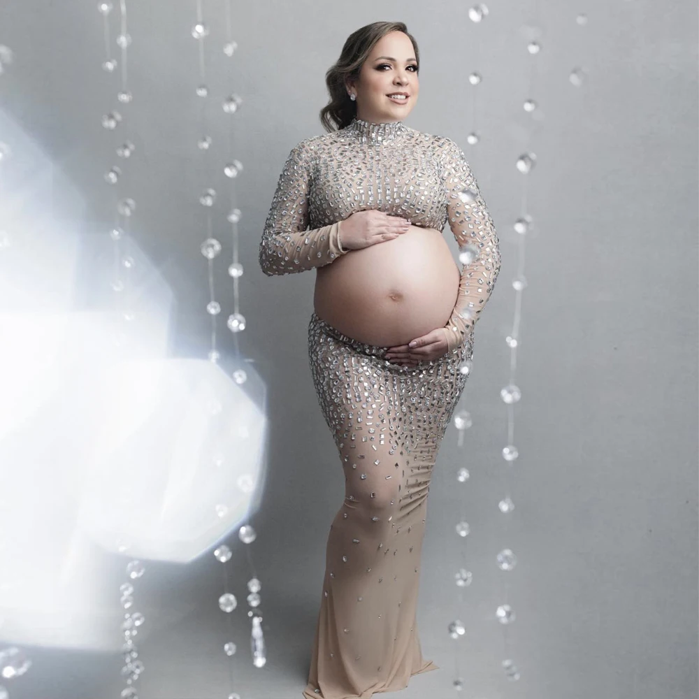 Maternity Photography Gown Sexy Goddess Stretch Skirt With Sparkly Silver Rhinestone Mirror For Pregnant Women Photography