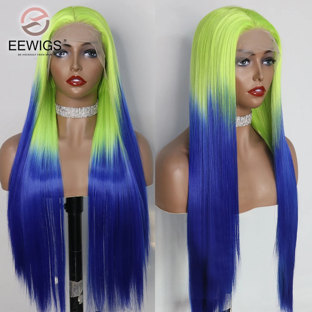 Body Wave Synthetic Ombre Green Blue Colored 30 Inch Glueless 13X4 Transparent Lace Front Drag Queen Wigs For Women Preplucked