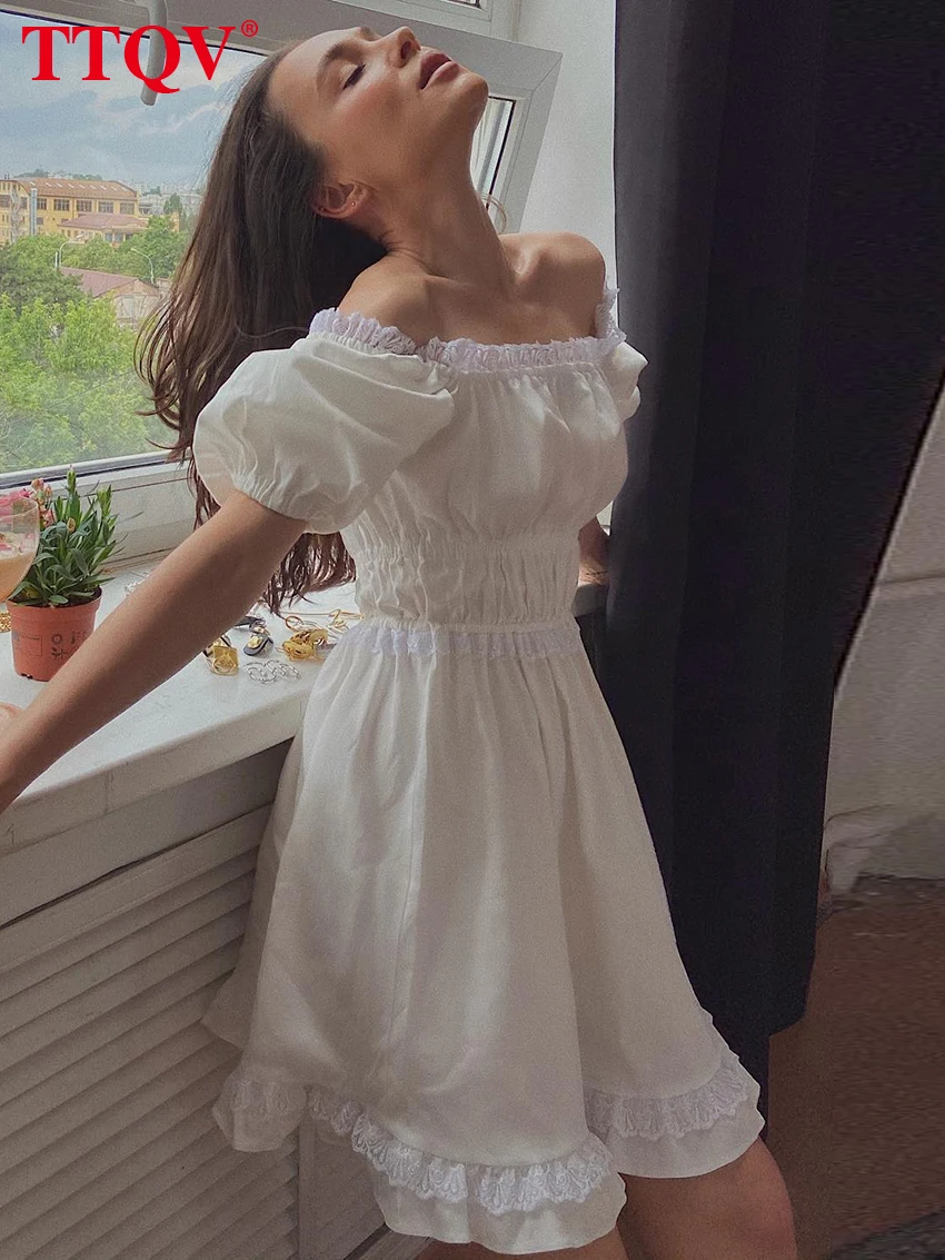 

TTQV Elegant White Cotton Women's Dress 2023 Fashion Slash Neck Lace High Waist Dresses Casual Solid Short Sleeve Mini Dresses