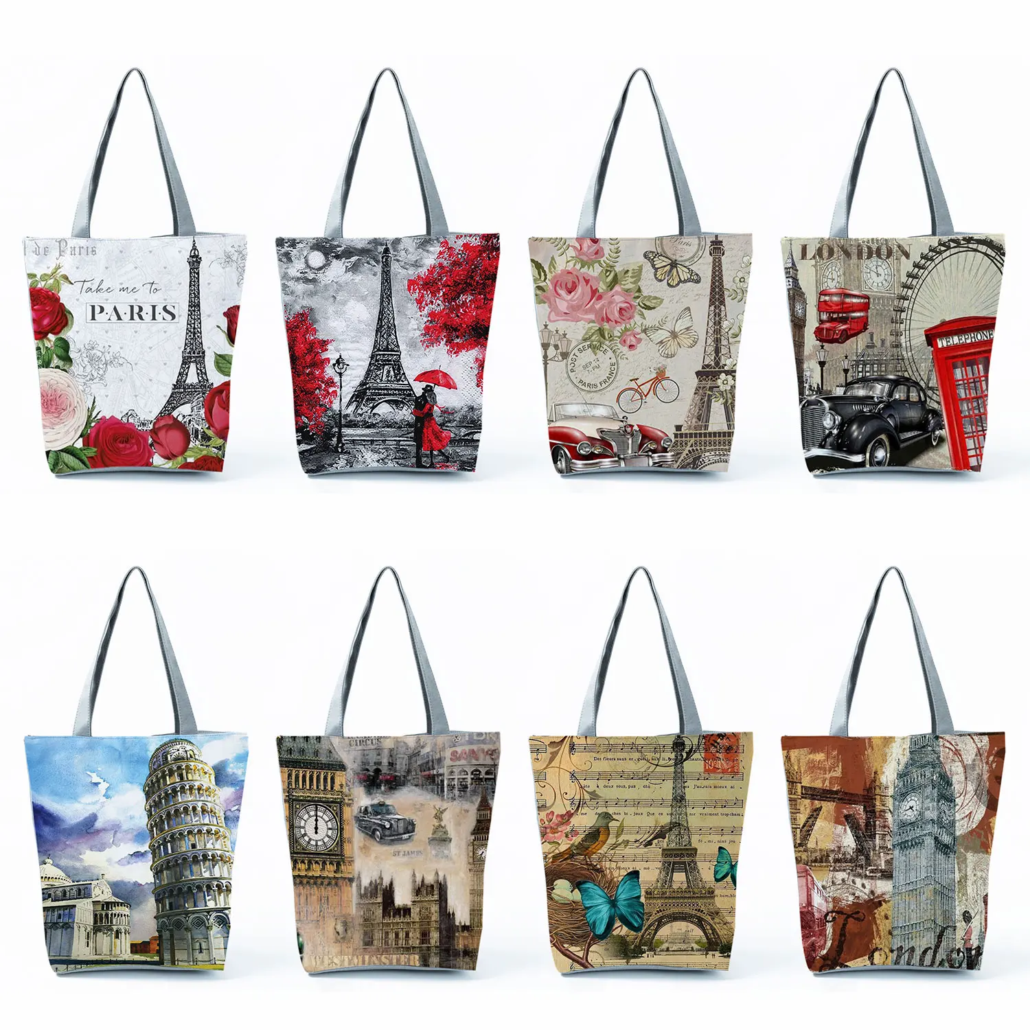 

Gift Handbags Tote Beautiful Landscape Casual Women Shoulder Bags Eiffel Tower Big Ben Printed Building Iron Tower Shopping Bag