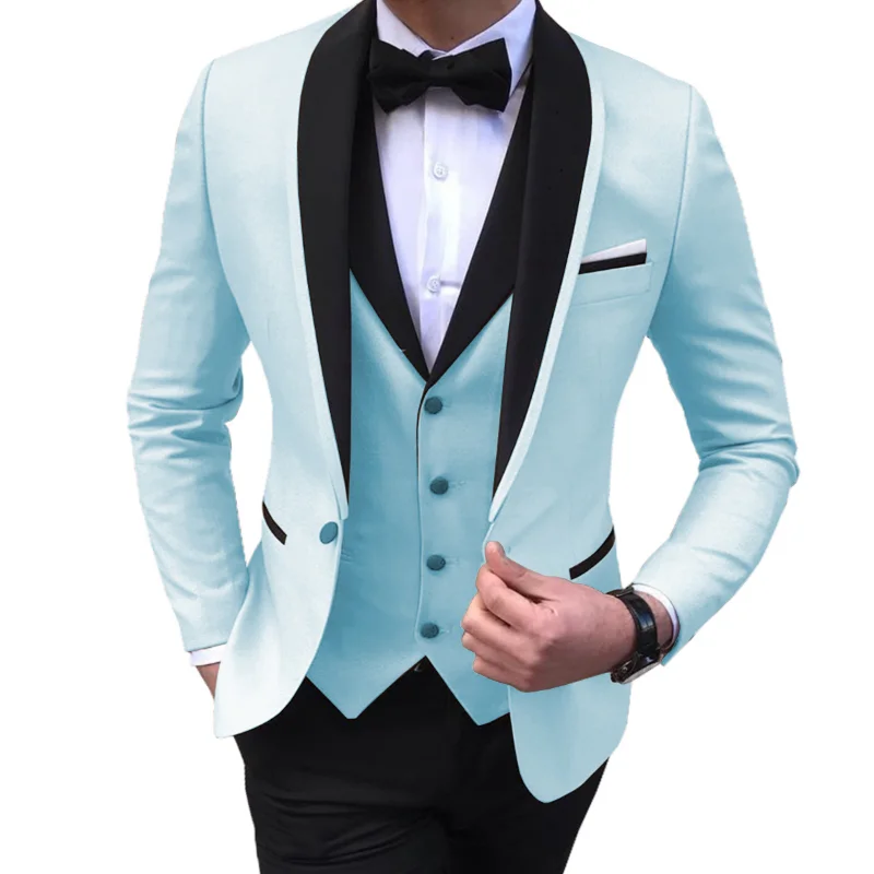 Blue Slit Mens Suits 3 Piece Black Shawl Lapel Casual Tuxedos for Wedding Groomsmen Suits Men 2020 (blazer+vest+pants)