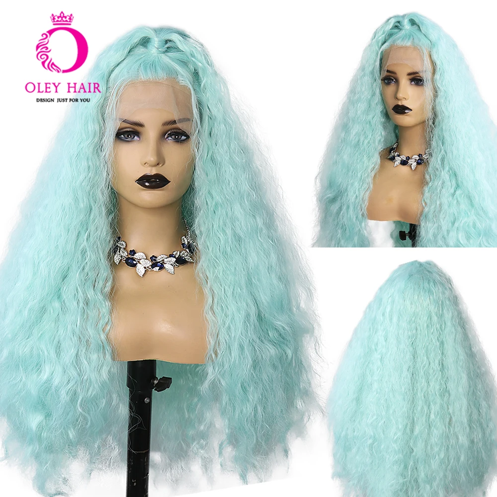 

Blue Colored Synthetiic Deep Curly Lace Front Wig 13x4 Gluess Heat Resistant Pre Plucked Drag Queen Cosplay Wigs For Black Women